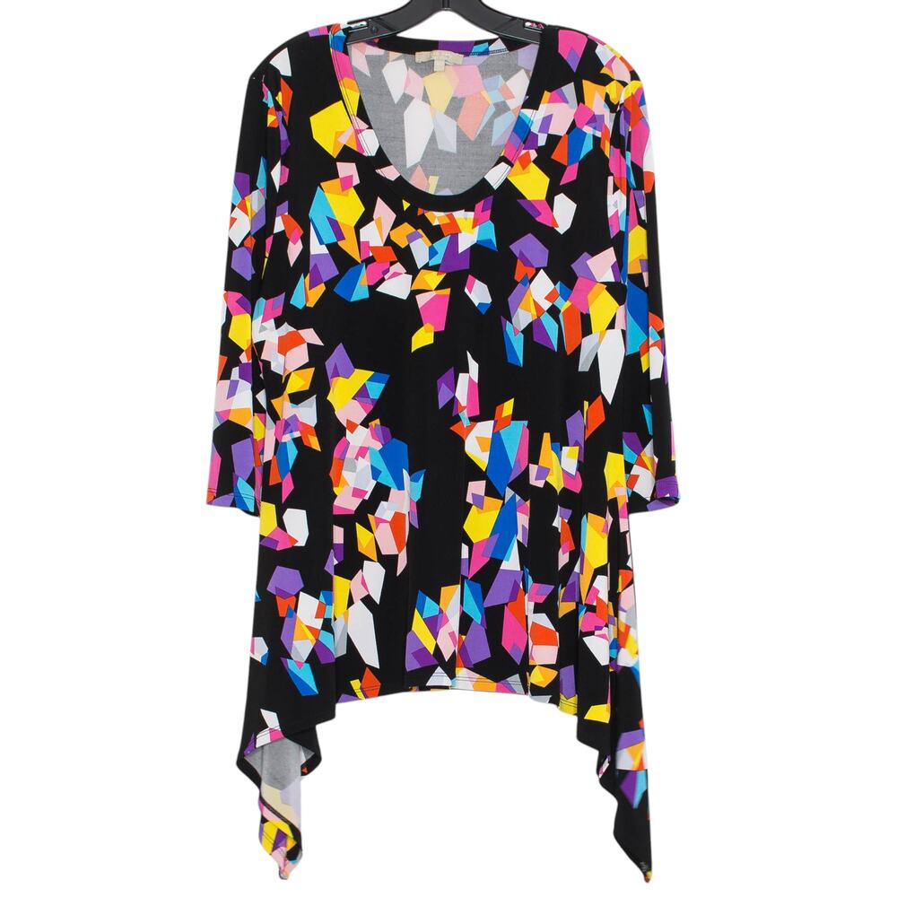 Tunic Top XL Asymmetrical 3/4 Sleeve Abstract Flowy Slinky Lagenlook Art Teacher